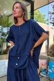 Tasha Damask Cap Sleeve Button Top Navy